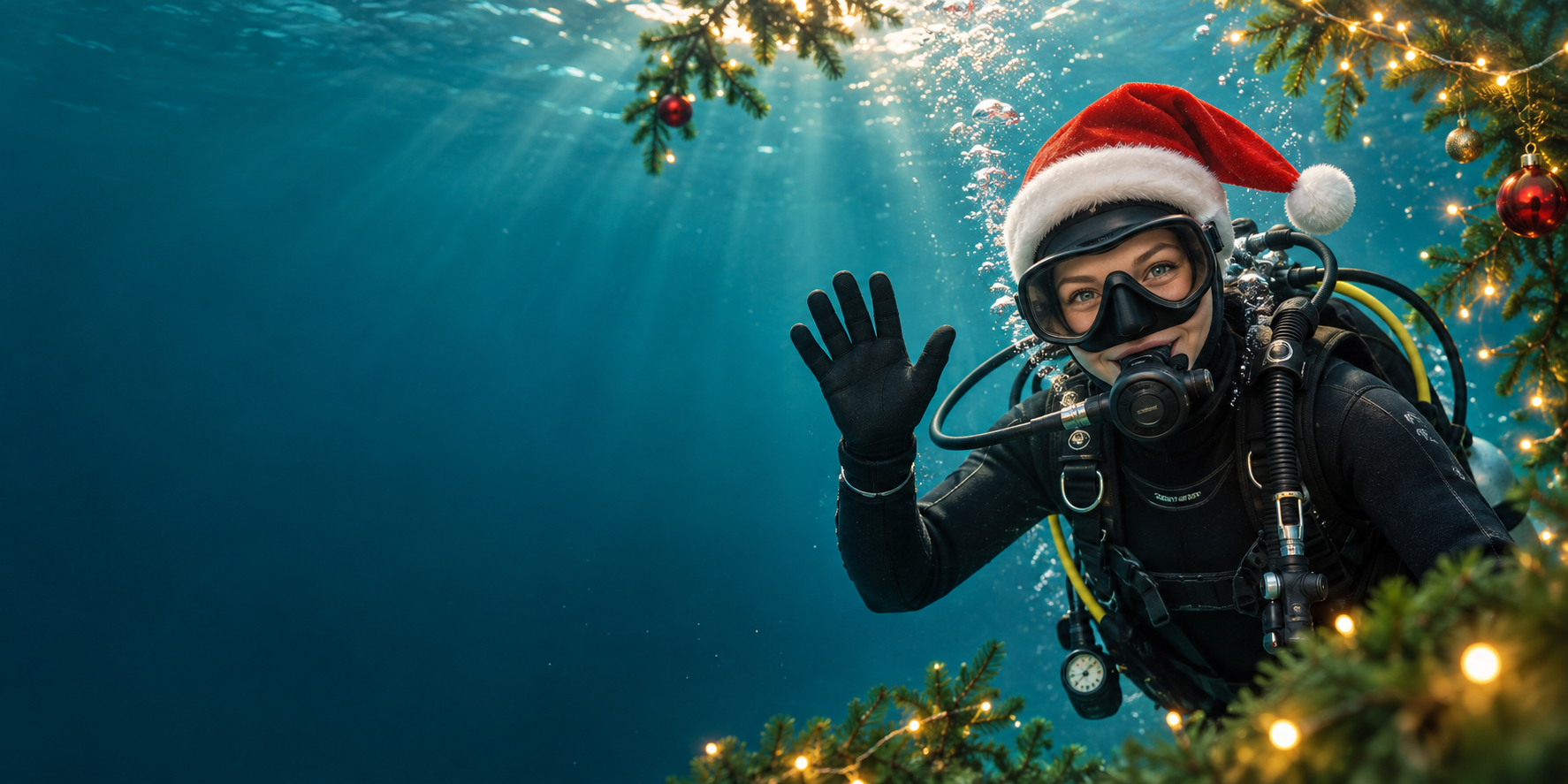 Taucherin mit Weihnachtsmütze unter Wasser